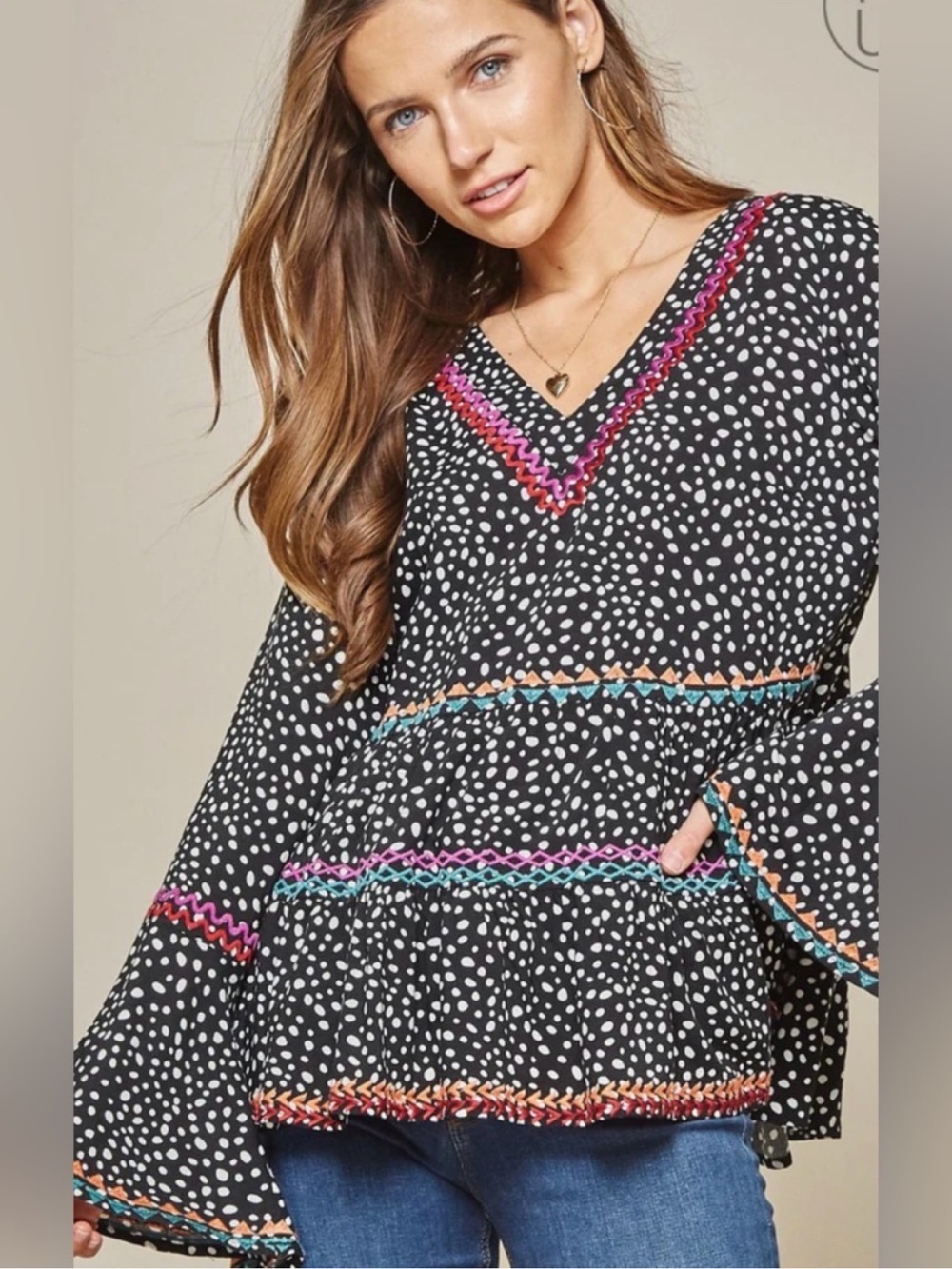 Savanna Jane Black Polka Dot V-Neck Top with Colorful Embroidered Trim